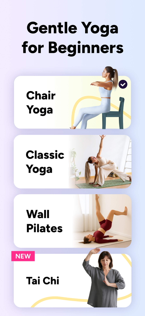 Interfaz de la aplicación que muestra categorías para Yoga Suave, Yoga en Silla, Yoga Clásico, Pilates en Pared y Tai Chi para principiantes