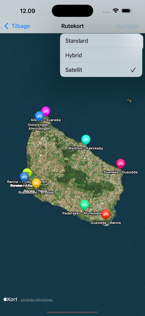 Bike Routes on Bornholm - Satellitenkarte von Bornholm in der Radrouten-App, die verschiedene Radwegstandorte zeigt