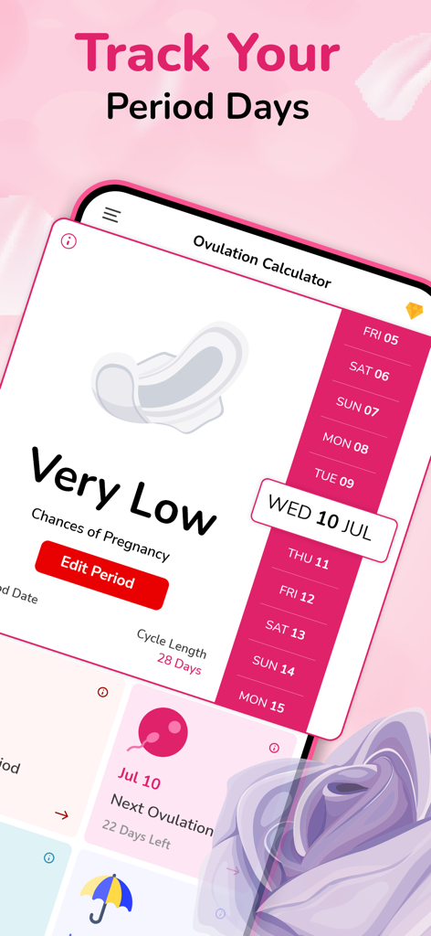 Period & Ovulation Calculator - Interfaz de aplicación móvil que muestra las fechas de seguimiento del período y el cálculo de la probabilidad de embarazo