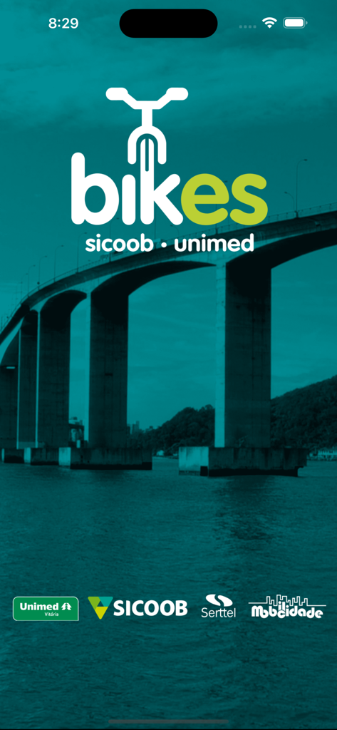 Bikes ES - Bikes ES app splash screen featuring the logo over a bridge in Espirito Santo Brazil