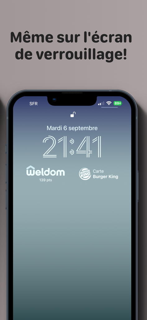 iPhone-Sperrbildschirm mit Kundenkarten-Widgets für Burger King und Weldom