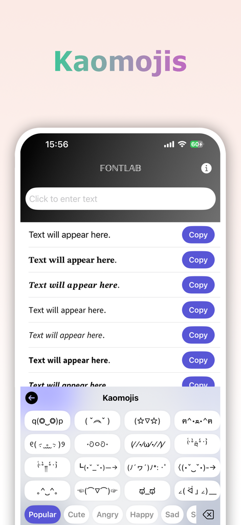 FontLab - Keyboard  for iPhone - Interface of the FontLab app showcasing a keyboard filled with various Kaomojis and aesthetic text symbols for social media.