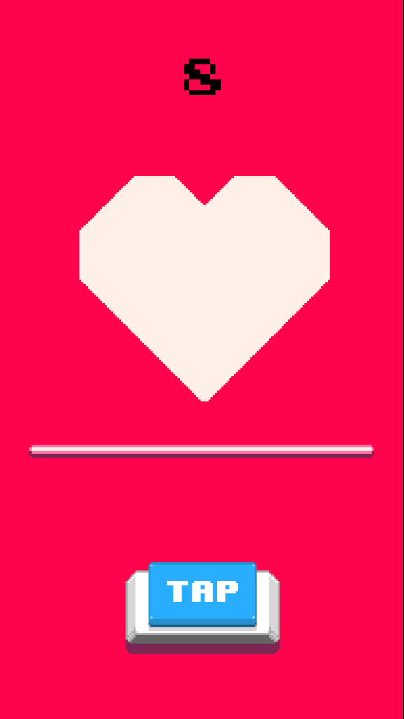 Retro 8-bit boxing game screen with a pixelated heart and a blue tap button on a red background
