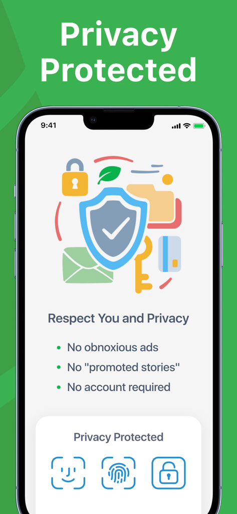 A screen from the Carb Genius app showcasing privacy features like no ads and biometric security options including Face ID and Touch ID.