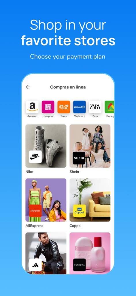 Interface of the Nelo app displaying popular brands like Nike and Shein for online shopping with payment plans