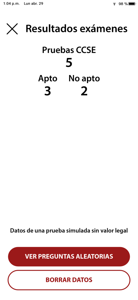 Resumen de los resultados del examen simulado CCSE que muestra recuentos de aprobados y suspensos