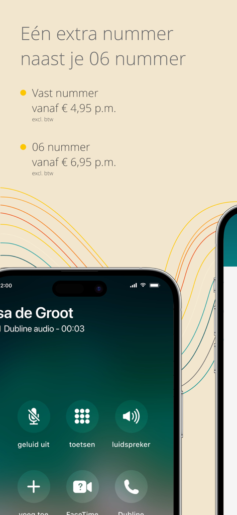 Dubline - 2 telnrs op 1 mobiel - Pantalla de smartphone que muestra la interfaz de la aplicación Dubline para una segunda línea telefónica de negocios con detalles de precios.