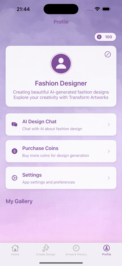 User profile interface in the Wivist app showing options for AI design chat and coin balance.
