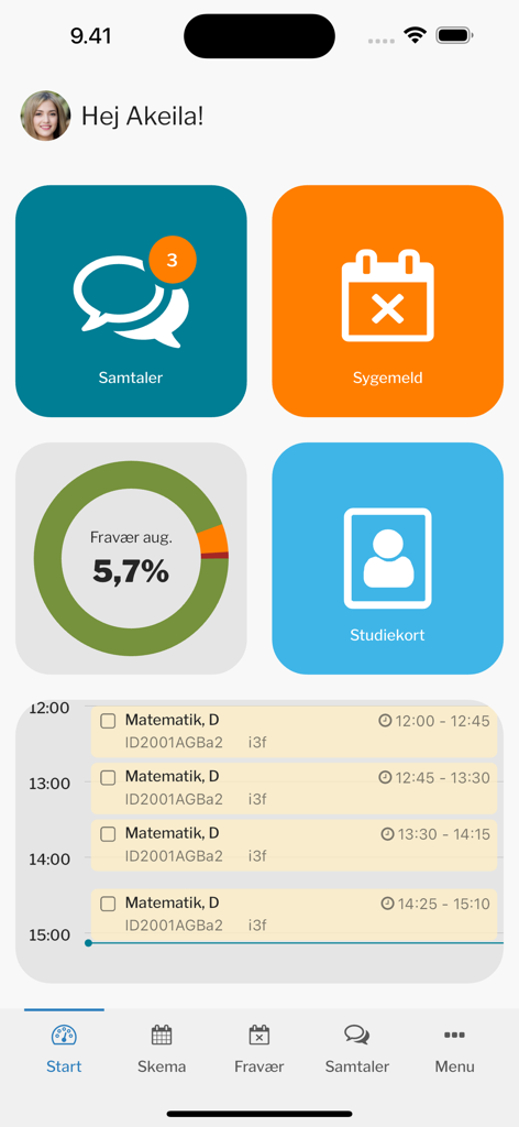Studie+ - Home screen of the Studie plus mobile app showing student schedule attendance statistics and navigation menu