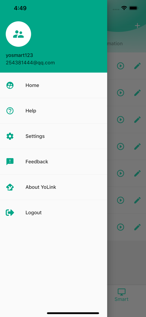 YoLink - Menú de navegación lateral de la aplicación de hogar inteligente YoLink que muestra el perfil del usuario y las opciones de configuración.