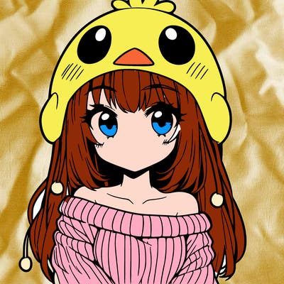 anime girl with chick shaped hat with sweater with bare shoulders with bangs covering them one eye with low tail