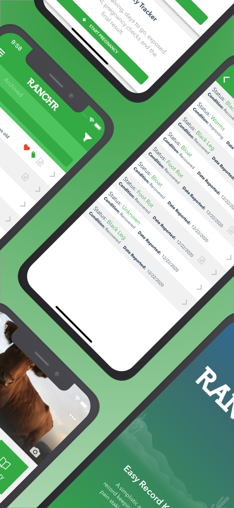 Ranchr mobile app screens for cattle health logs and record keeping