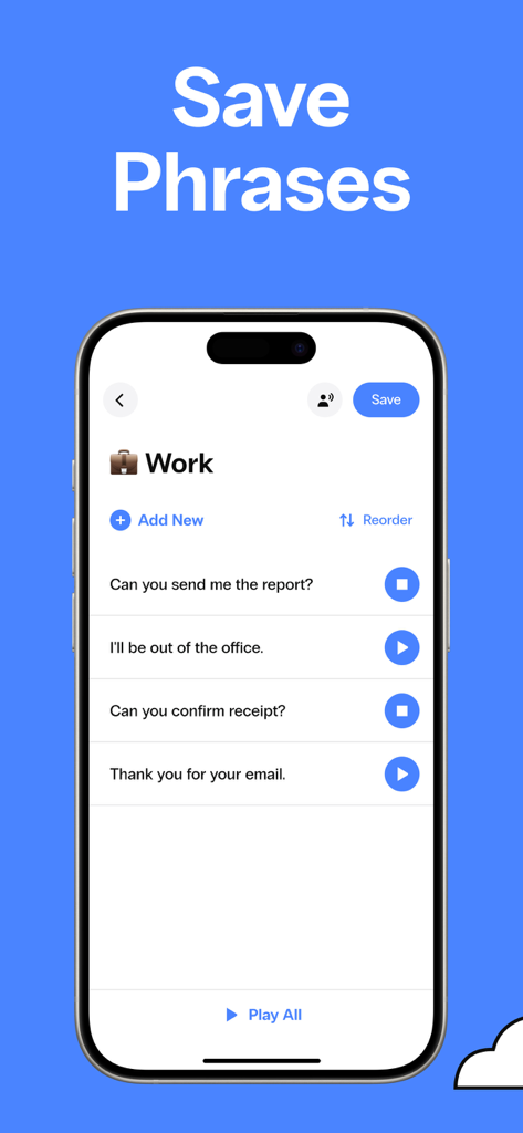 Una lista de frases de trabajo guardadas en la aplicación de texto a voz Speak4Me