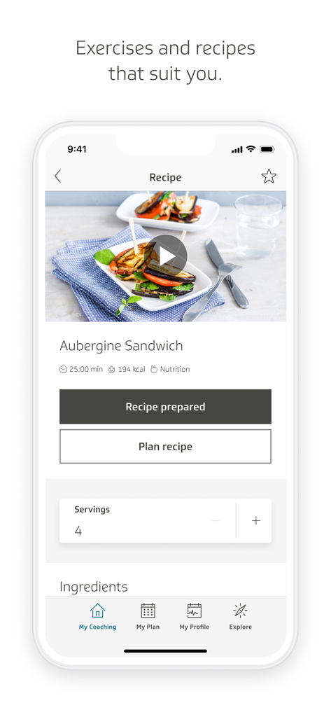 TK-Coach app interface showing an Aubergine Sandwich recipe with nutritional info and serving adjustment options