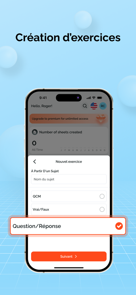 Partielo - Fiche de révision - Mobile interface of Partielo app showing exercise creation options including multiple choice and flashcards