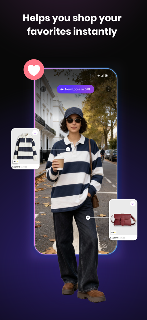 Glance - Shop with AI - Interface of the Glance app showing a woman wearing an outfit with shoppable AI tags
