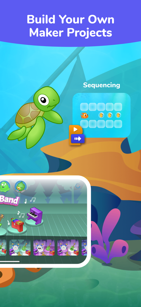Tynker Junior app interface showing creative maker projects and sequencing puzzles for kids