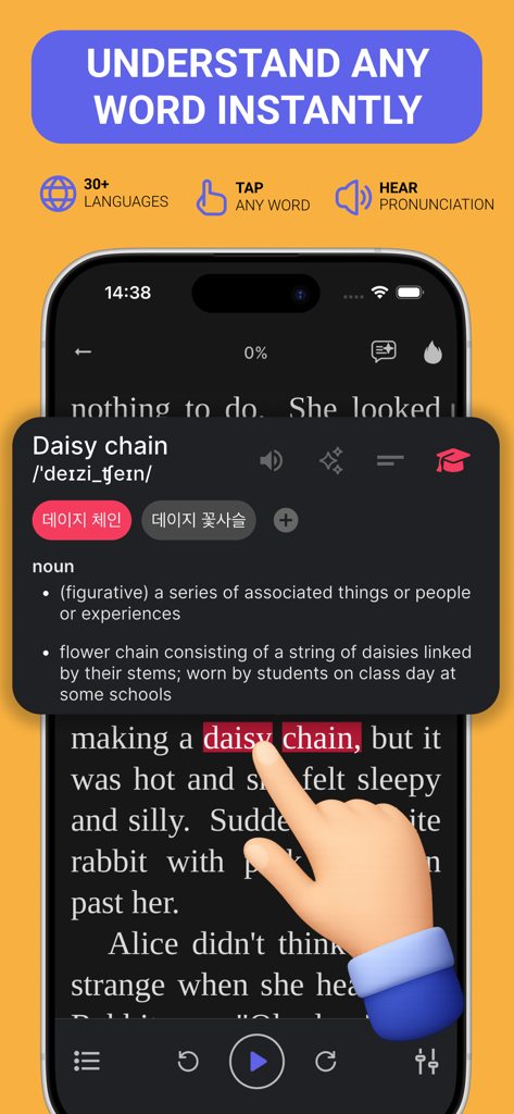 Bookvo: English Learning - Bookvo app showing instant translation and definition after tapping a word
