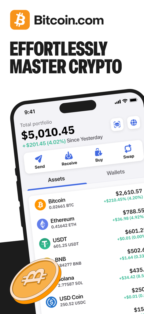 Aplicativo móvel Bitcoin.com Wallet mostrando o saldo total do portfólio e uma lista de ativos de criptomoedas como Bitcoin e Ethereum