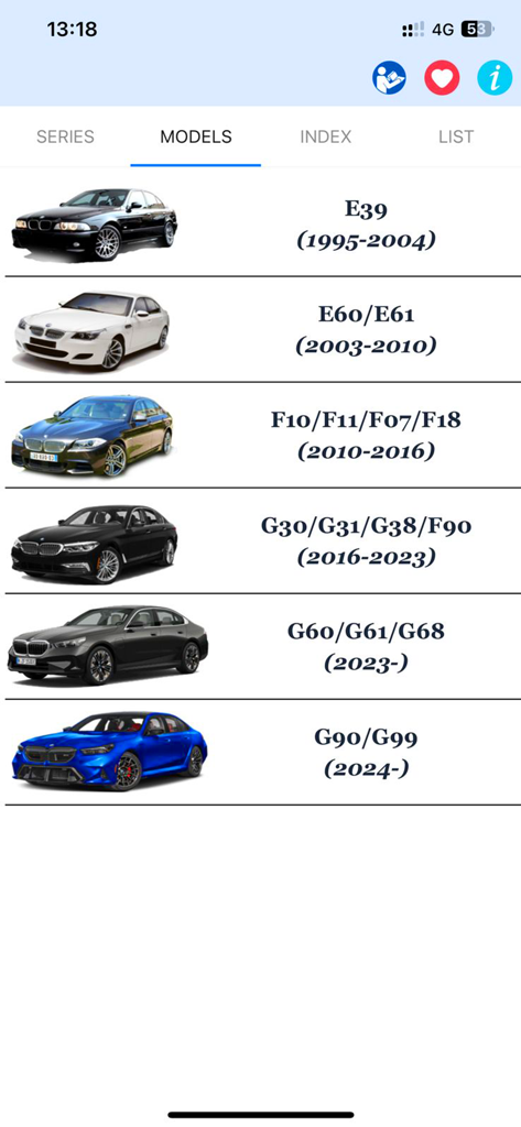 Bimma EWD - Wiring Diagrams - BMW car models list showing chassis codes and production years in the app