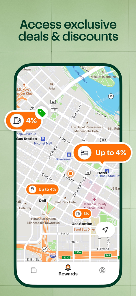 Visualização de mapa mostrando recompensas de cashback locais de combustível e restaurantes no aplicativo Instacart Shopper Rewards