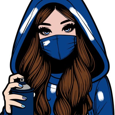 girl wearing a mask with long hair with her hood up spray-painting realistic