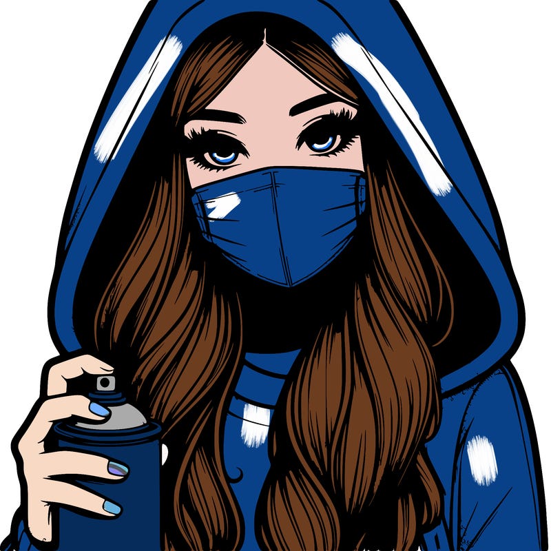 girl wearing a mask with long hair with her hood up spray-painting realistic