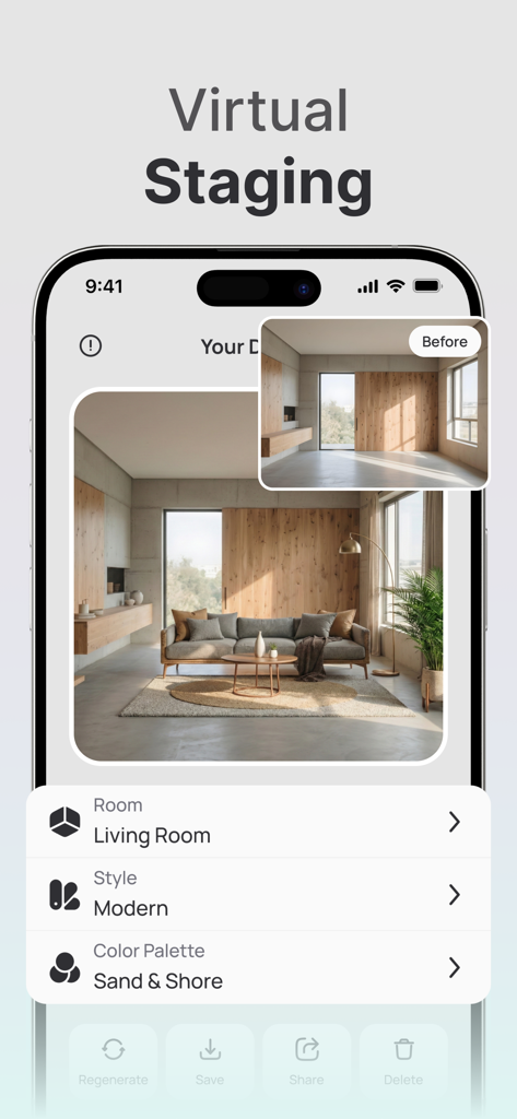 Pantalla de la aplicación móvil Housify AI que muestra staging virtual de una habitación vacía en un diseño de salón moderno