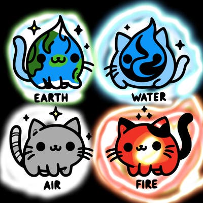 4 cats that represent the different elements, earth, water, air, and fire
