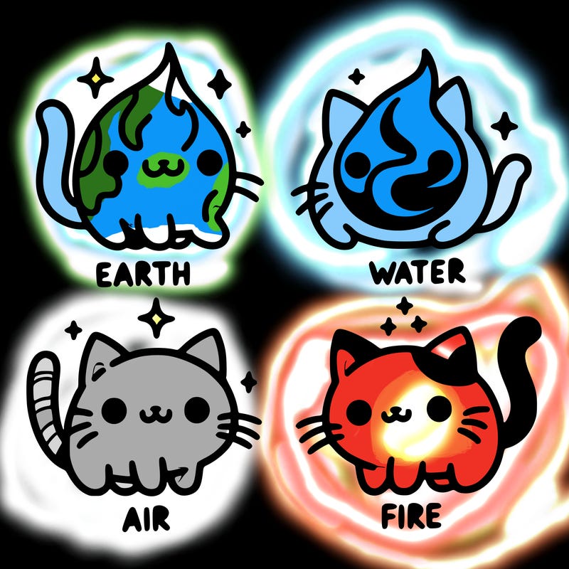 4 cats that represent the different elements, earth, water, air, and fire