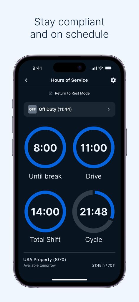 Samsara Driver app Hours of Service screen tracking driving time and compliance schedule