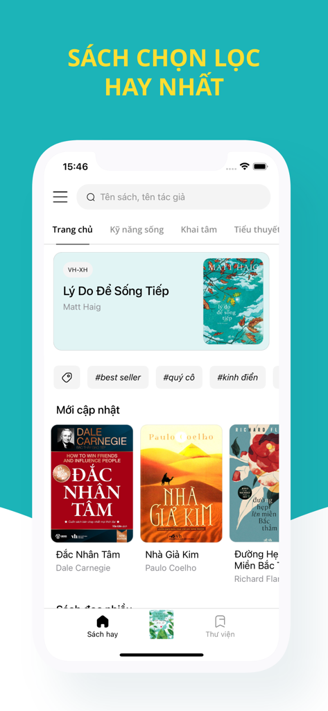 Vietnamese mobile app interface showing a collection of popular e-books like How to Win Friends and Influence People and The Alchemist