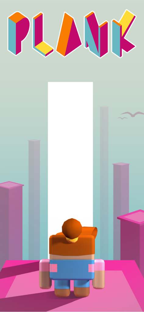 PLANK! - PLANKアーケードゲームのスタート画面。ブロック状のキャラクターとミニマリストな都市のスカイラインが表示されている。