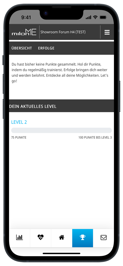 milon ME app screen showing user training level and points progress bar
