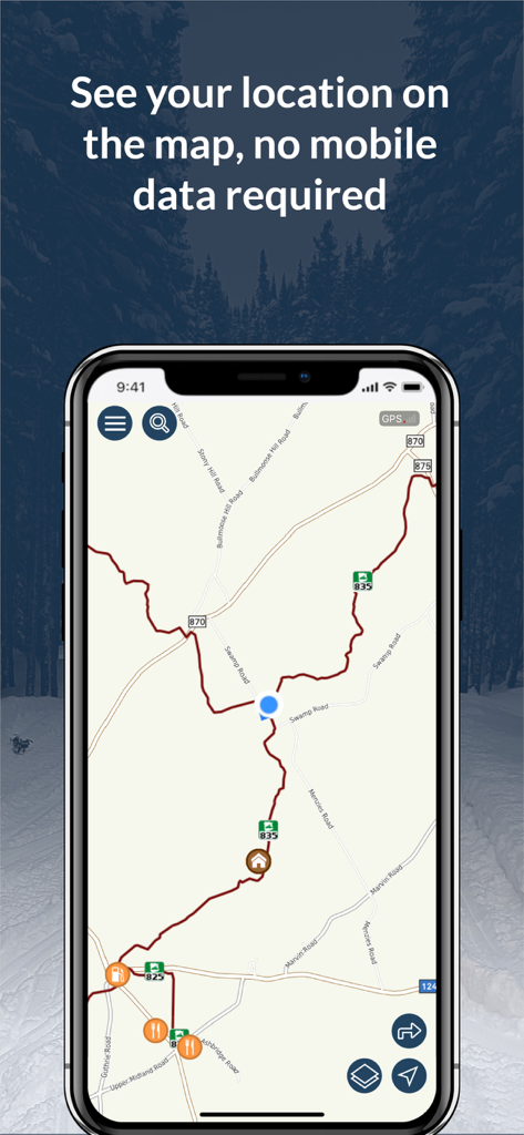 GoSnowmobiling NB app displaying an offline trail map with GPS location and points of interest for gas and food