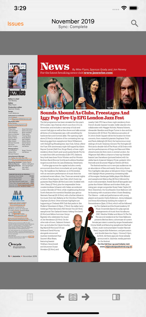 A digital page from Jazzwise magazine showing news articles about the London Jazz Festival and artists like Iggy Pop