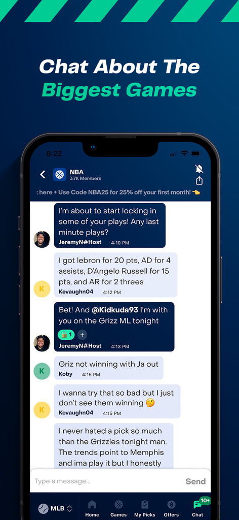 BetQL - Sports Betting - BetQL app interface showing a community chat where users discuss sports betting picks and game trends