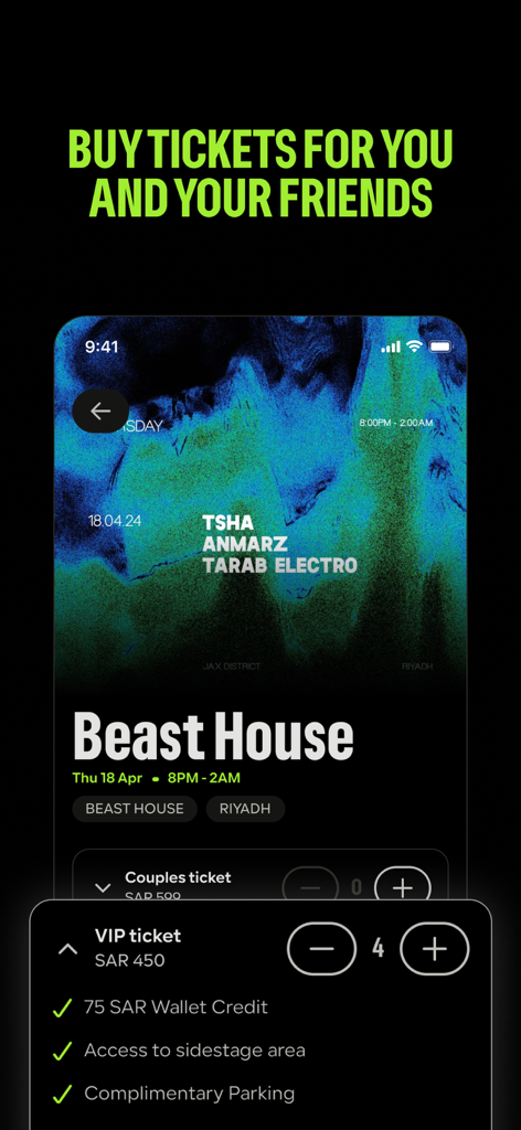 NOFOMO: Saudi Music Events - A screenshot of the NOFOMO app showing the VIP ticket selection process for a music event in Riyadh Saudi Arabia