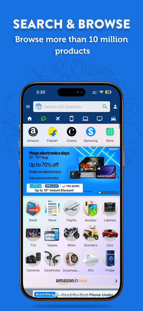 Smartprix app home screen displaying various product categories and major retail stores for comparison.