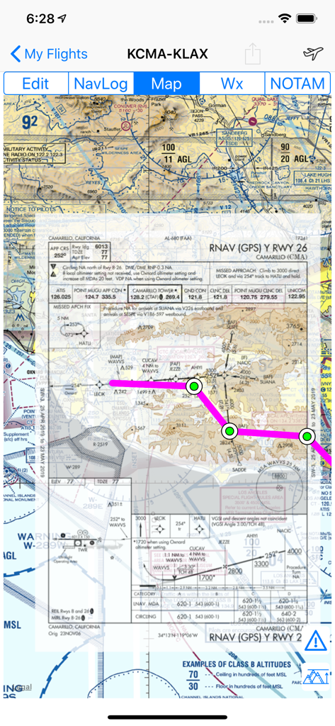 Airmate app interface showing a moving map with an overlaid FAA instrument approach chart.