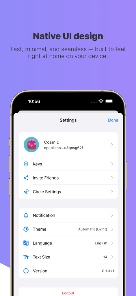 Menu de configurações do aplicativo XChat em um iPhone mostrando um design de UI nativo minimalista.