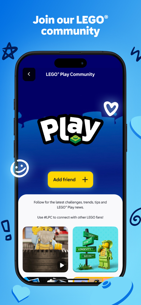 A screenshot of the LEGO Play app showing the community page with a social feed of LEGO builds and an add friend button