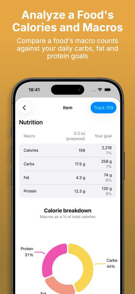 Gym Geek Calorie Counter - Tela do aplicativo Gym Geek mostrando a divisão de calorias e macronutrientes de um item alimentar com um gráfico de rosca
