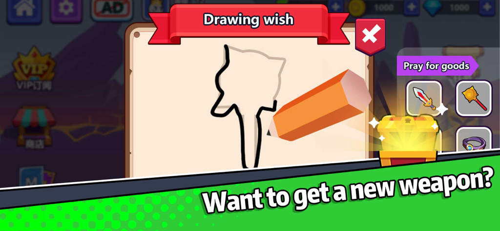 Drawing wish feature in Idle Battle Warriors game to unlock new weapons