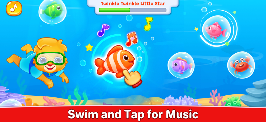An underwater scene in a kids music app where a child taps a fish to play musical notes.