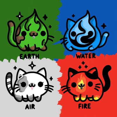 4 cats that represent the different elements, earth, water, air, and fire