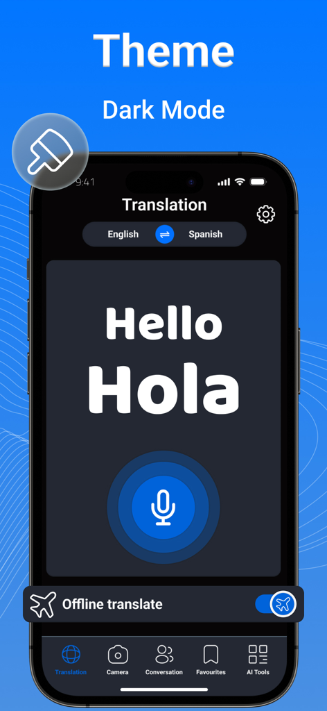 AI Translator - Translate Easy - AI Translator app interface in dark mode featuring offline translation from English to Spanish
