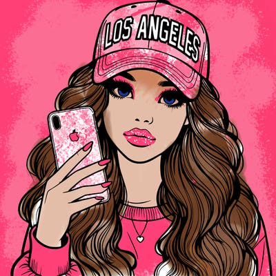 realistic beautiful girl wearing los ángeles cap holding an iphone