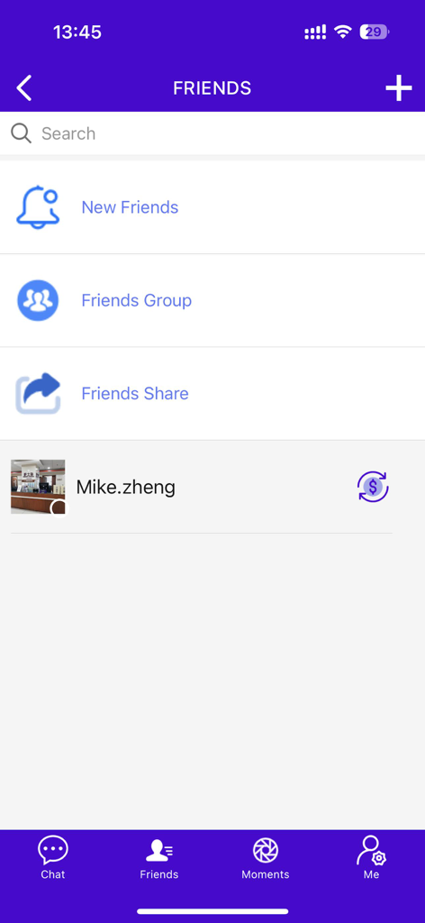 Trusty Pay - Trusty Pay app friends list interface with search and group options