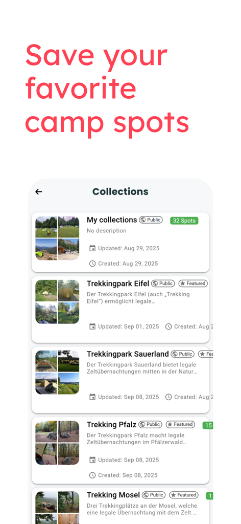 TrekSpots app interface showing personal collections of saved tent camping spots with photos and location details